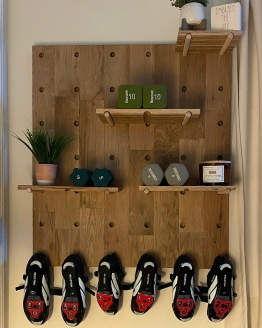 Peg Board Shelf Decorated with Exercise Equipment